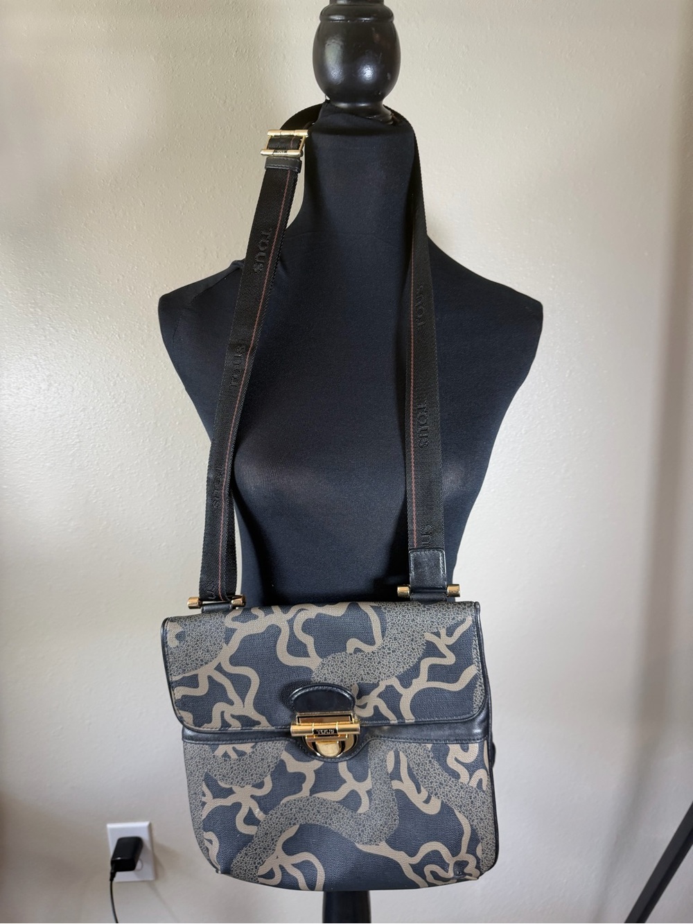 Tous Black and Taupe Kaos Flap Messenger / Crossbody Bag